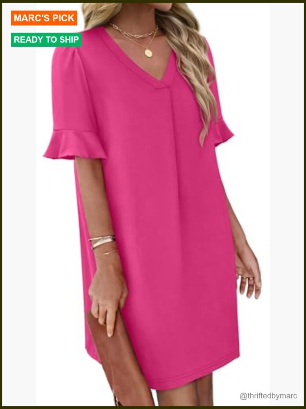 Ruffle Short Sleeve V Neck Shift Dress with Pockets - Picture 3 of 7